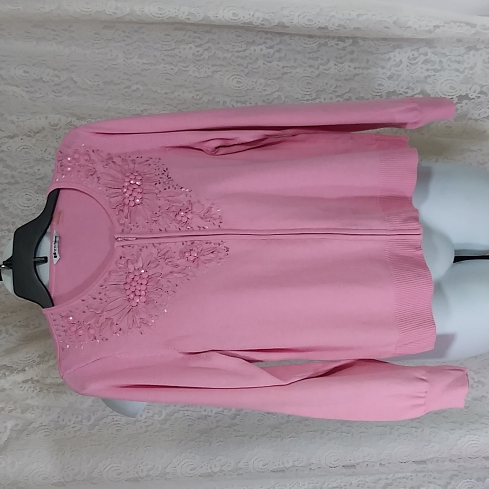 Pink zip front cardigan bling accents size Peter Nygard